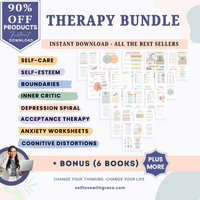 Therapy worksheet bundle, psychology resources, self-care, inner critic, boundaries, trauma, acceptance therapy, safety plan, planner, affirmations,GAD