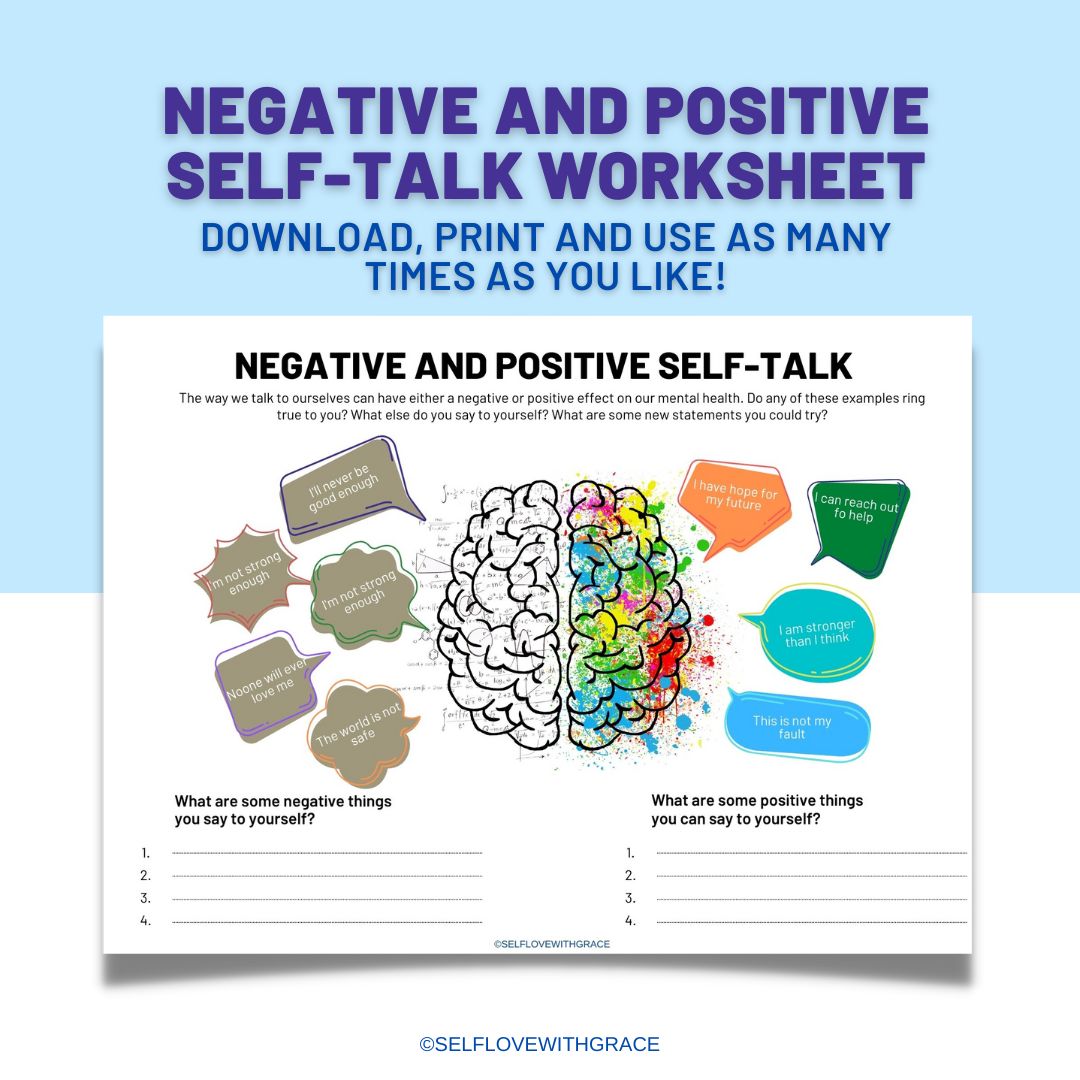Negative and positive self-talk worksheet for teens. Trauma resource, mental health printable, therapy tools, counselling resource.