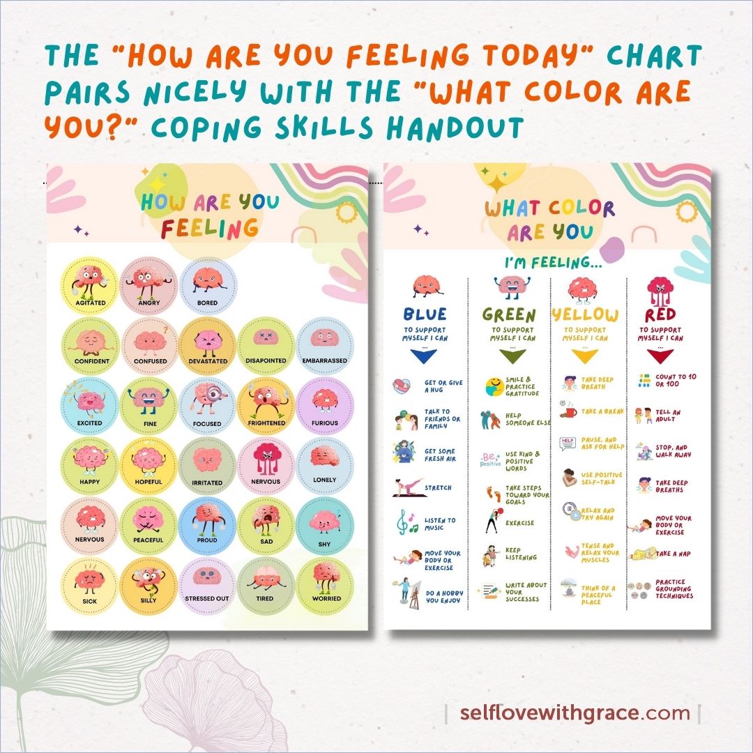 Feelings Emotions Coping Skills Printable Poster Bundle Handouts for Kids-Teens-6pgs Feelings Thermometer-Wheel-List-Chart Feeling Emotion