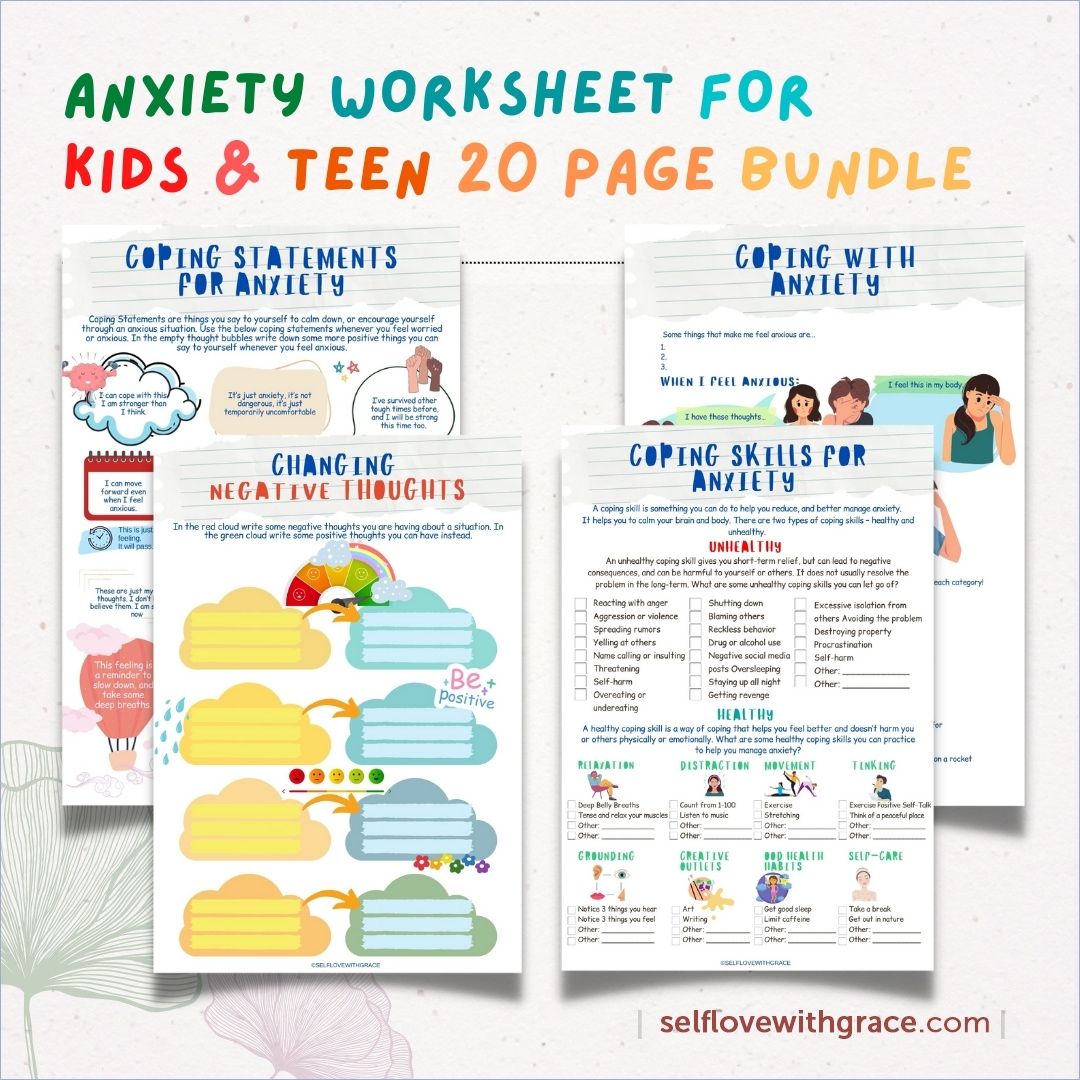 Anxiety Worksheets 20 Pg Printable Bundle for Kids & Teens - Social Emotional Learning Mental Health Relief CBT PDF
