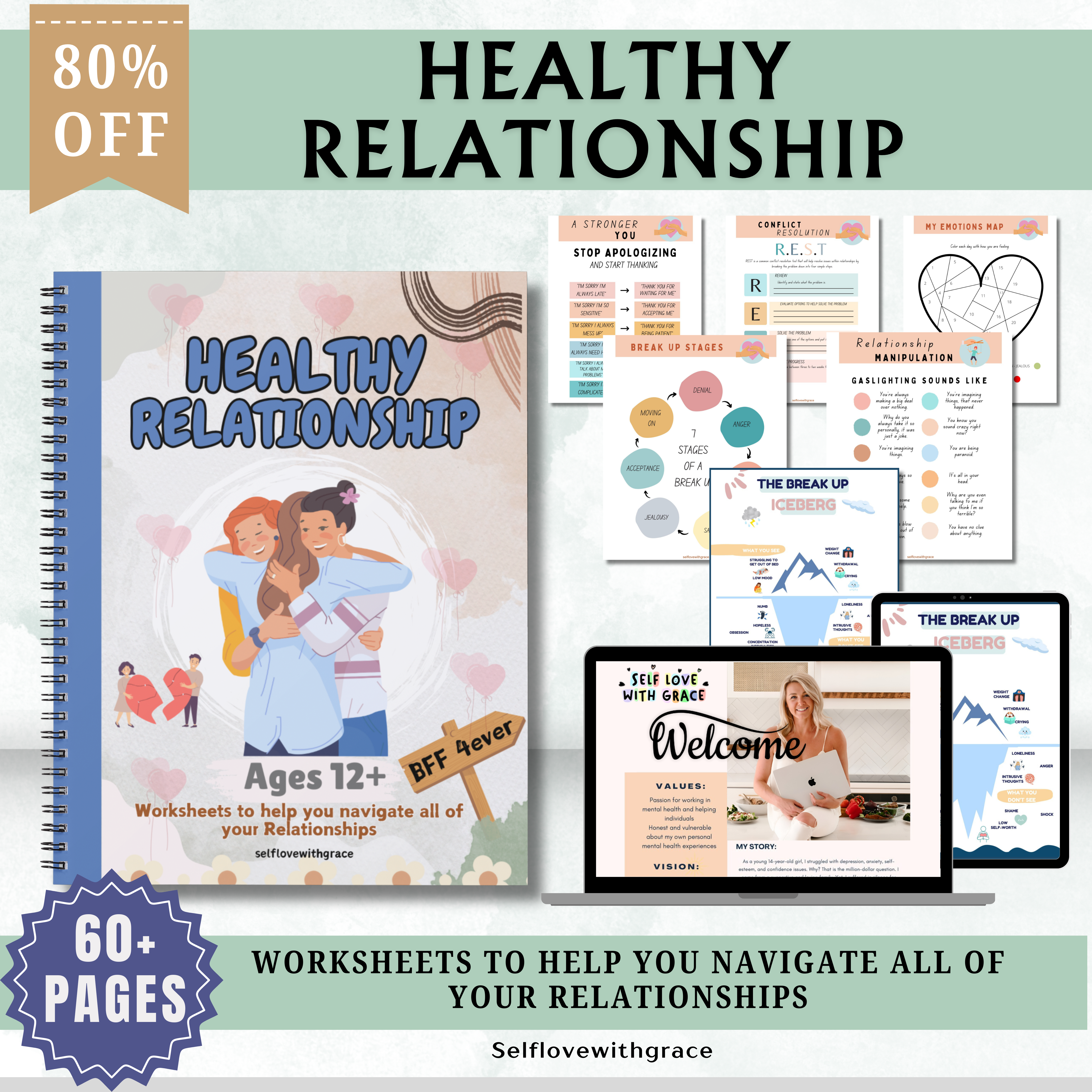 Healthy vs Unhealthy relationships workbook, teen health, anxiety, depression, break up, cycle of abuse, manipulation, group therapy