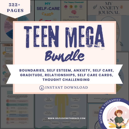 Teen mega 90% off bundle, therapy worksheets, healing journey, depression, anxiety, cognitive distortions, affirmations, boundaries