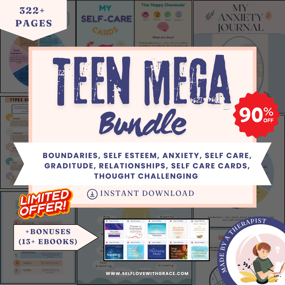Teen mega 90% off bundle, therapy worksheets, healing journey, depression, anxiety, cognitive distortions, affirmations, boundaries