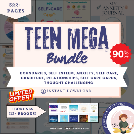 Teen mega 90% off bundle, therapy worksheets, healing journey, depression, anxiety, cognitive distortions, affirmations, boundaries