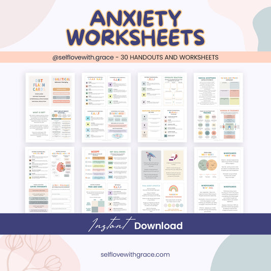 Therapy worksheet bundle, psychology resources, self-care, inner critic, boundaries, trauma, acceptance therapy, safety plan, planner, affirmations,GAD