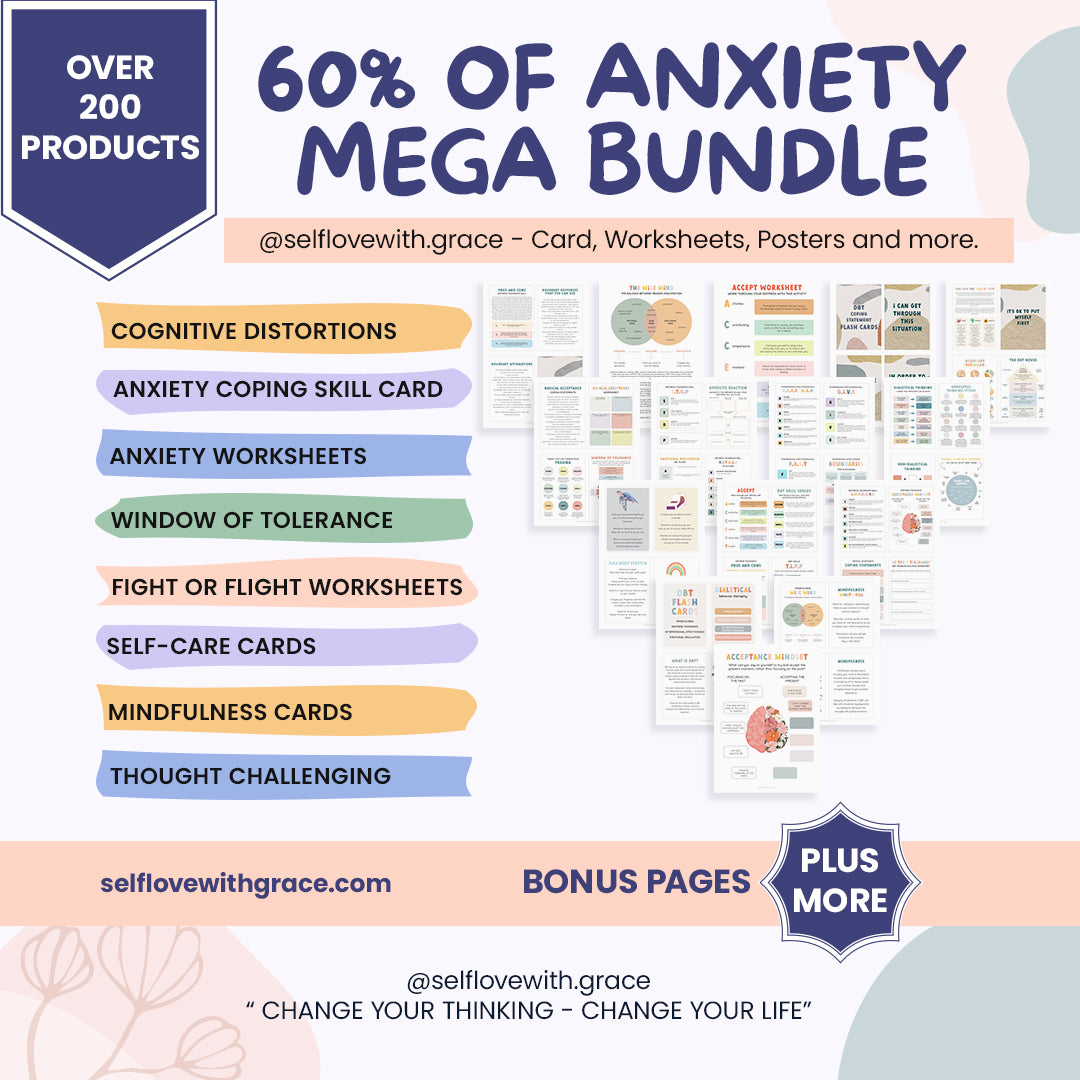 Anxiety mega bundle, psychologist resources, therapy worksheets, mental health resources tools self care cards, therapy office