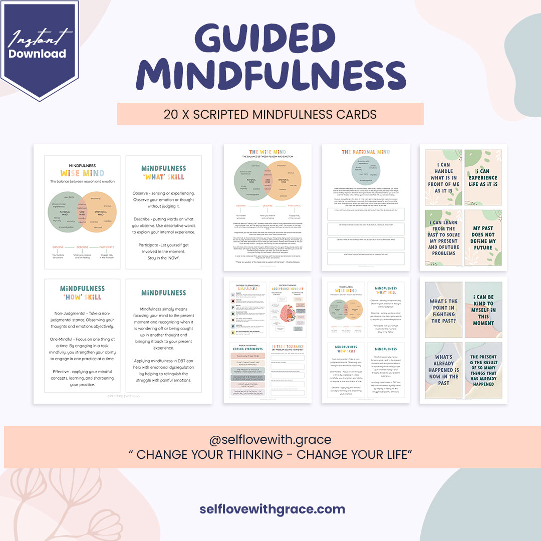 Guided mindfulness cards, scripted meditation handouts, therapy office ...