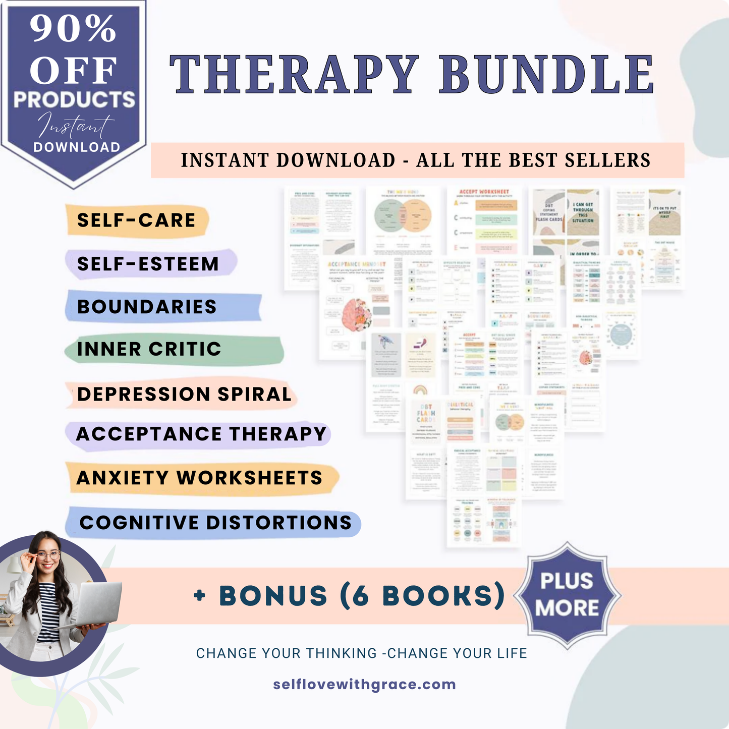 Therapy worksheet bundle, psychology resources, self-care, inner critic, boundaries, trauma, acceptance therapy, safety plan, planner, affirmations,GAD