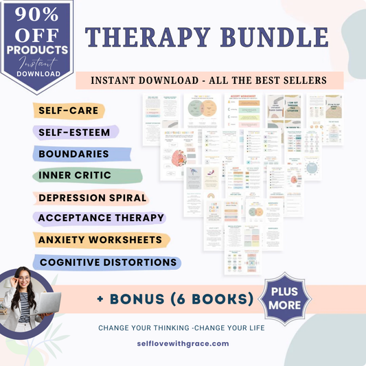 Therapy worksheet bundle, psychology resources, self-care, inner critic, boundaries, trauma, acceptance therapy, safety plan, planner, affirmations,GAD