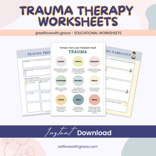 Therapy worksheet bundle, psychology resources, self-care, inner critic, boundaries, trauma, acceptance therapy, safety plan, planner, affirmations,GAD