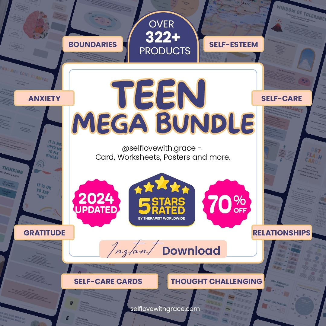 Teen therapy mega worksheet bundle, therapy workbook, therapist journal anxiety, psychology kids mental health, teenagers coping skills, GAD