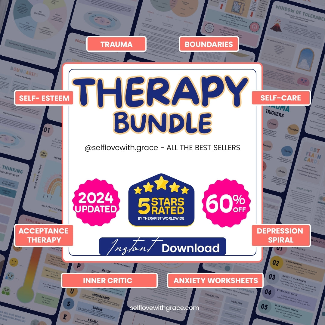 Therapy worksheet bundle, psychology resources, self-care, inner critic, boundaries, trauma, acceptance therapy, safety plan, planner, affirmations,GAD