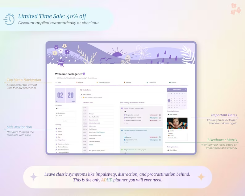 ADHD Notion Life Planner | ADHD Notion Template, ADHD Notion, Notion Dashboard, All in one Notion Template, Personal Planner for Notion