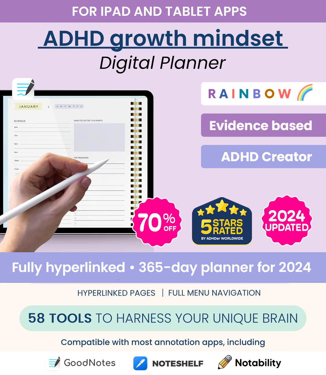 Ultimate ADHD Planner Bundle (made by an ADHDer) for iPad, Goodnotes + Android. Adult ADHD daily planner, self care & habit tracker. Science based