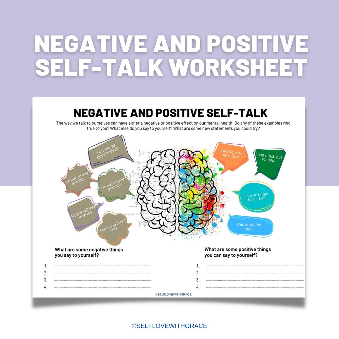 Negative and positive self-talk worksheet for teens. Trauma resource, mental health printable, therapy tools, counselling resource.