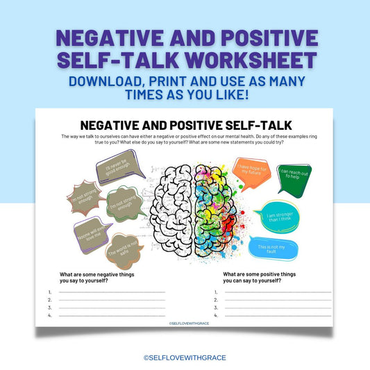Negative and positive self-talk worksheet for teens. Trauma resource, mental health printable, therapy tools, counselling resource.