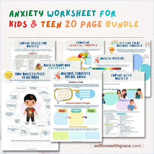 Anxiety Worksheets 20 Pg Printable Bundle for Kids & Teens - Social Emotional Learning Mental Health Relief CBT PDF
