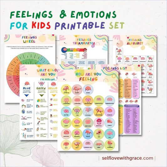 Feelings Emotions Coping Skills Printable Poster Bundle Handouts for Kids-Teens-6pgs Feelings Thermometer-Wheel-List-Chart Feeling Emotion
