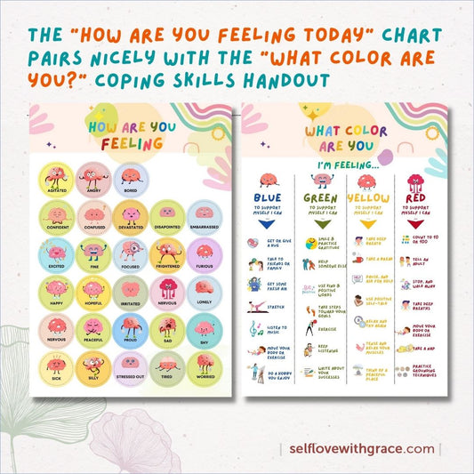 Feelings Emotions Coping Skills Printable Poster Bundle Handouts for Kids-Teens-6pgs Feelings Thermometer-Wheel-List-Chart Feeling Emotion