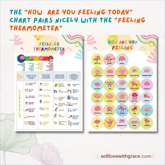 Feelings Emotions Coping Skills Printable Poster Bundle Handouts for Kids-Teens-6pgs Feelings Thermometer-Wheel-List-Chart Feeling Emotion