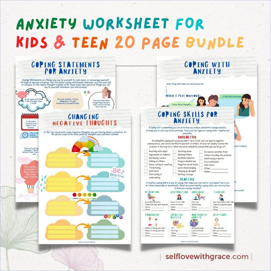 Anxiety Worksheets 20 Pg Printable Bundle for Kids & Teens - Social Emotional Learning Mental Health Relief CBT PDF