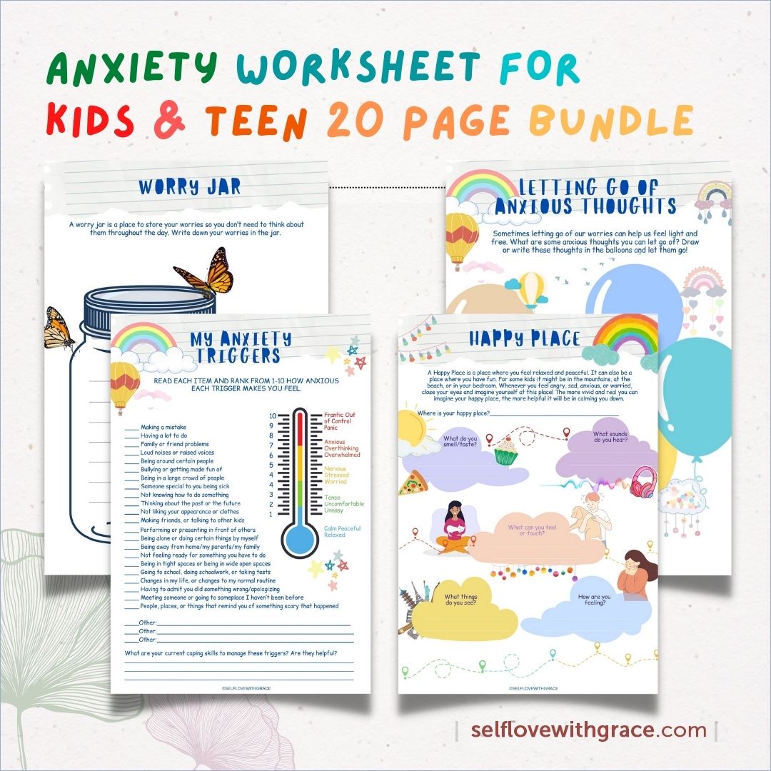 Anxiety Worksheets 20 Pg Printable Bundle for Kids & Teens - Social Emotional Learning Mental Health Relief CBT PDF
