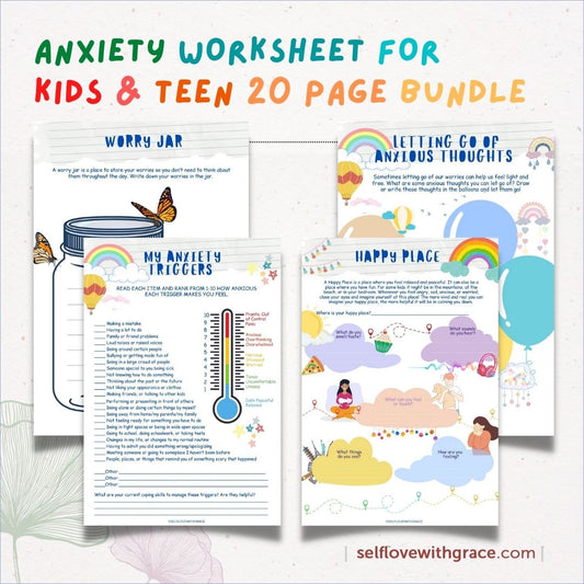 Anxiety Worksheets 20 Pg Printable Bundle for Kids & Teens - Social Emotional Learning Mental Health Relief CBT PDF