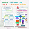 Anxiety Worksheets 20 Pg Printable Bundle for Kids & Teens - Social Emotional Learning Mental Health Relief CBT PDF