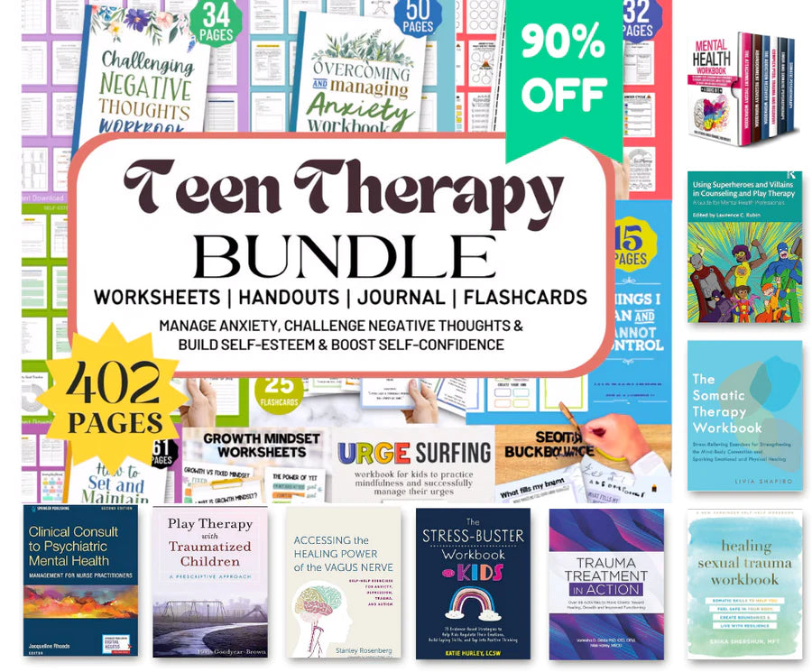 Mental Health Teen Therapy Workbook Bundle: 402 Therapy Worksheets, Activities, DBT and 9 Ebooks for Self-Worth, Boundaries, and more.