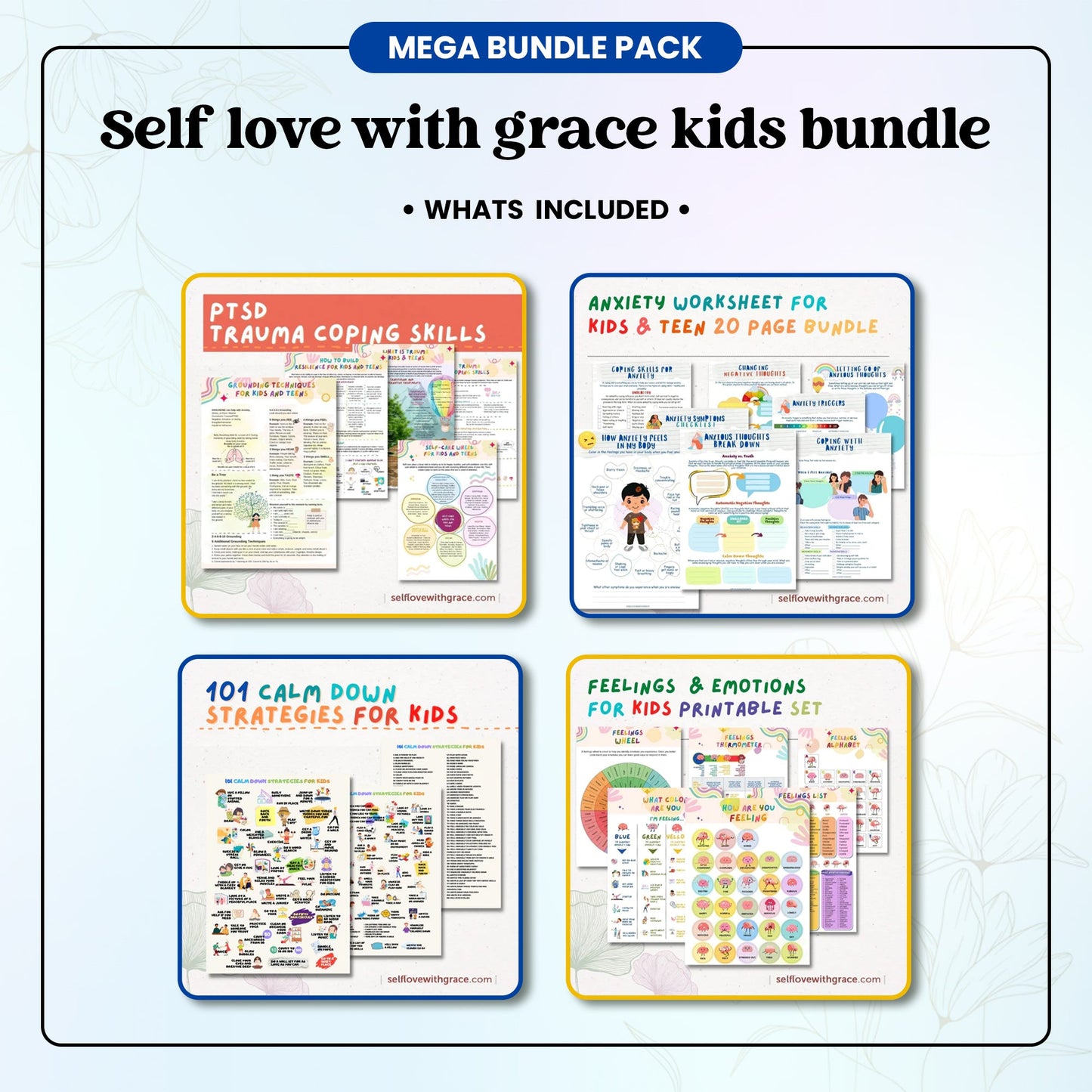 SELFLOVEWITHGRACE Kids Bundle - Printable Therapy Worksheets for Kids and Teens