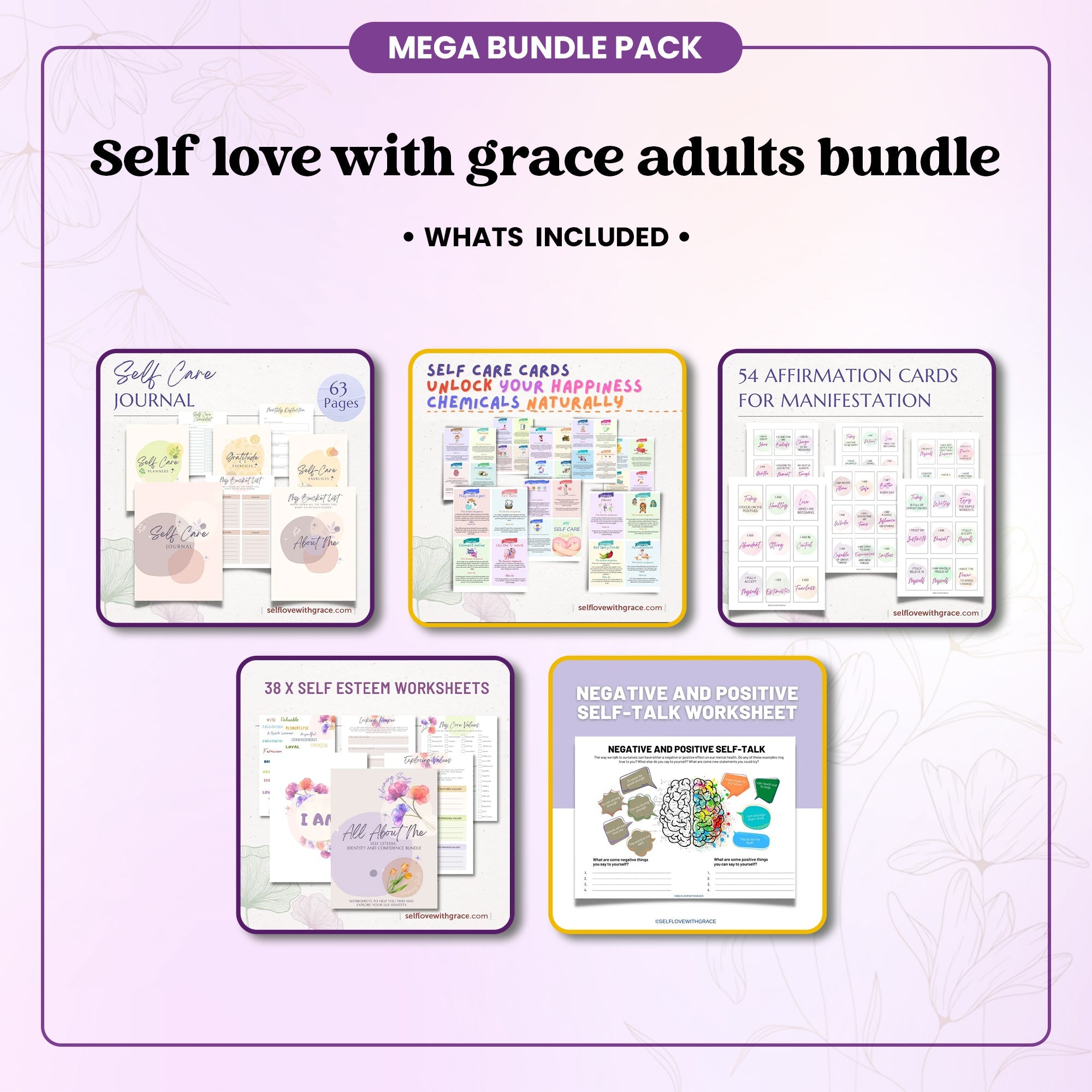 SELFLOVEWITHGRACE Adult Bundle - Self Care Journal, Social Emotional Learning Printable Set