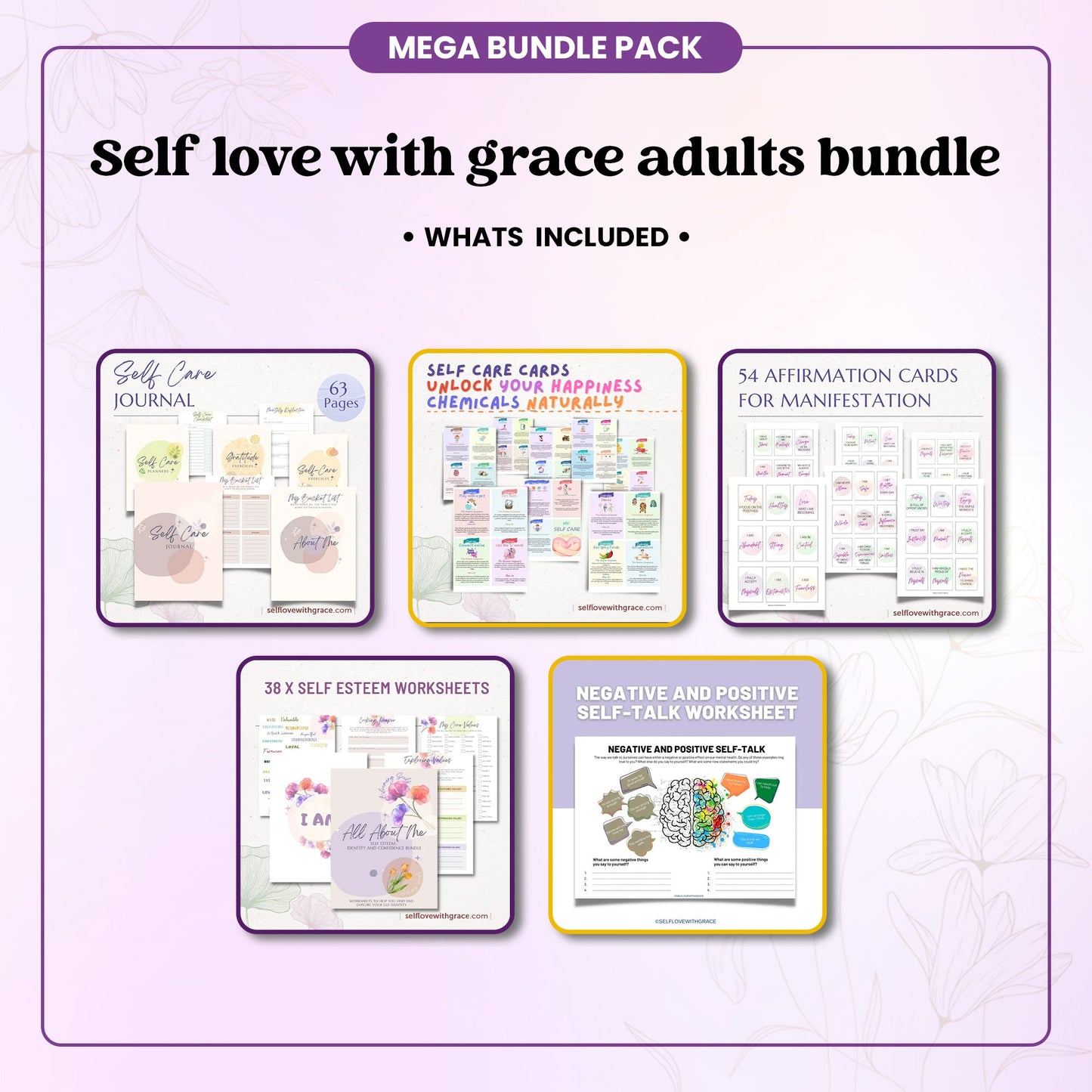 SELFLOVEWITHGRACE Adult Bundle - Self Care Journal, Social Emotional Learning Printable Set