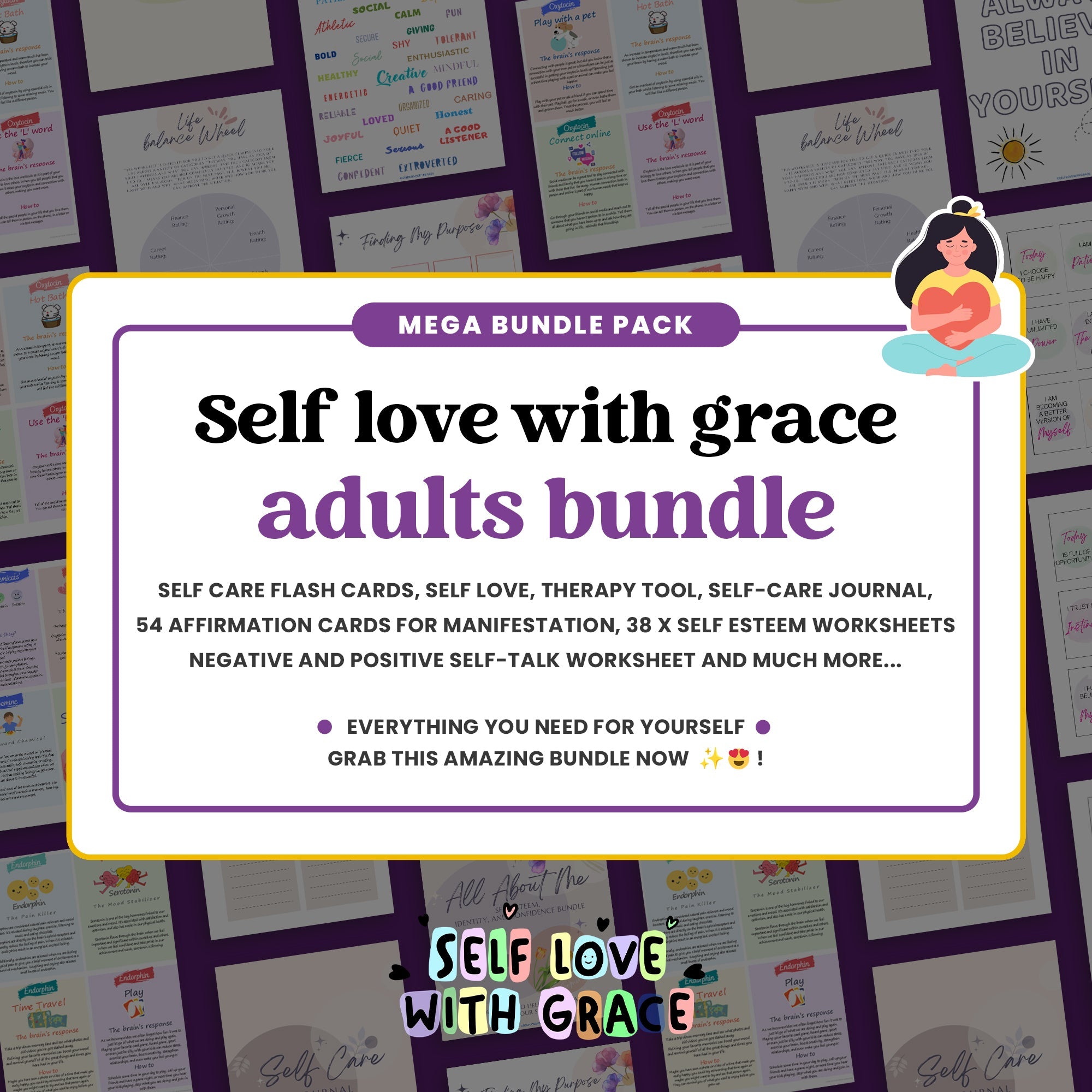 SELFLOVEWITHGRACE Adult Bundle - Self Care Journal, Social Emotional Learning Printable Set